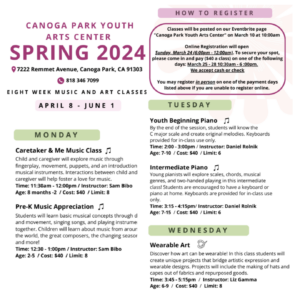The content is about registration information for youth arts classes at the Canoga Park Youth Arts Center for the Spring 2024 session. It includes details on music and art classes, schedule, instructors, costs, and contact information. The classes cover various topics like piano, music appreciation, and wearable art for different age groups. The document provides instructions on how to register and pay for the classes.